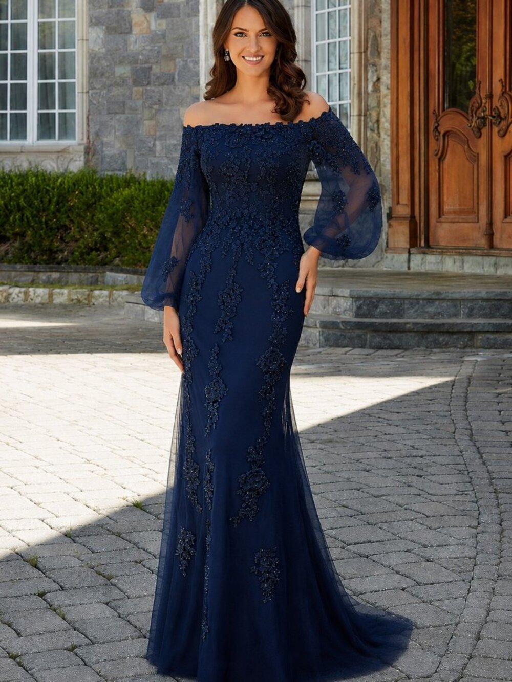 Stormy Blue Off Shoulder Floral Lace Mother of the Bride Long Sleeve MGNY 72734
